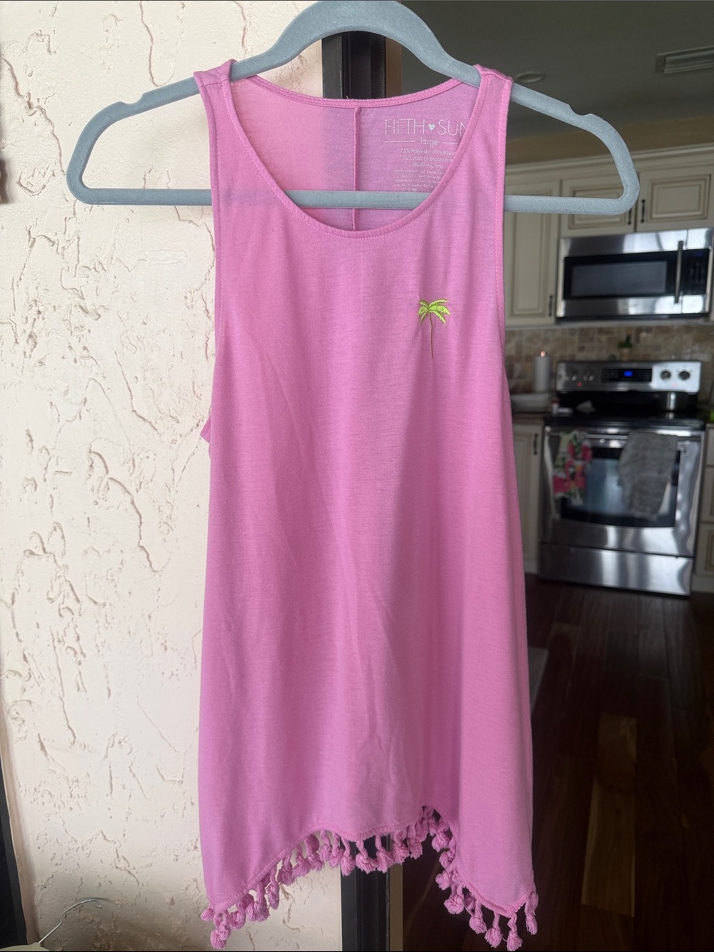 Fifth Sun Pink Tank Top with Green Palm Embroidery and Tassel Hem